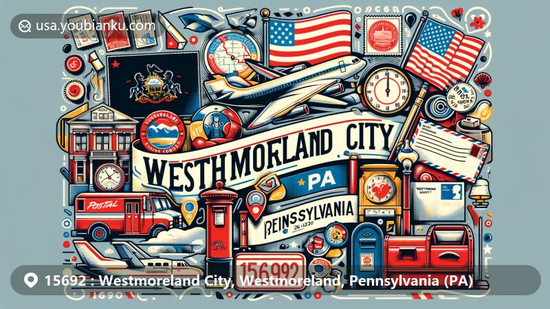 Modern illustration of Westmoreland City, Westmoreland County, Pennsylvania, showcasing postal theme with ZIP code 15692, featuring Pennsylvania state flag, Westmoreland County map, iconic landmarks, and vintage postal elements.