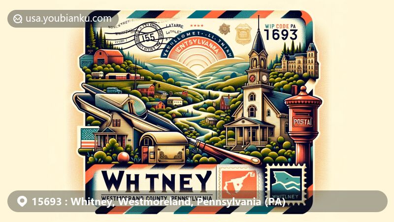 Modern illustration of Whitney, Westmoreland County, Pennsylvania, showcasing postal theme with ZIP code 15693, featuring airmail envelope with Pennsylvania stamp, postal cancel mark, and antique mailbox, blending with natural landscapes or iconic structures.