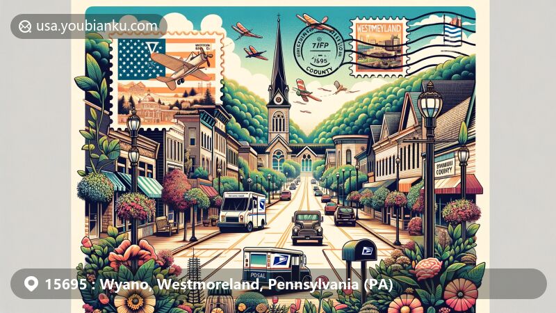 Modern illustration of Wyano, Pennsylvania, capturing small-town charm and postal theme with ZIP code 15695, featuring floral-lined streets and Westmoreland County symbols.
