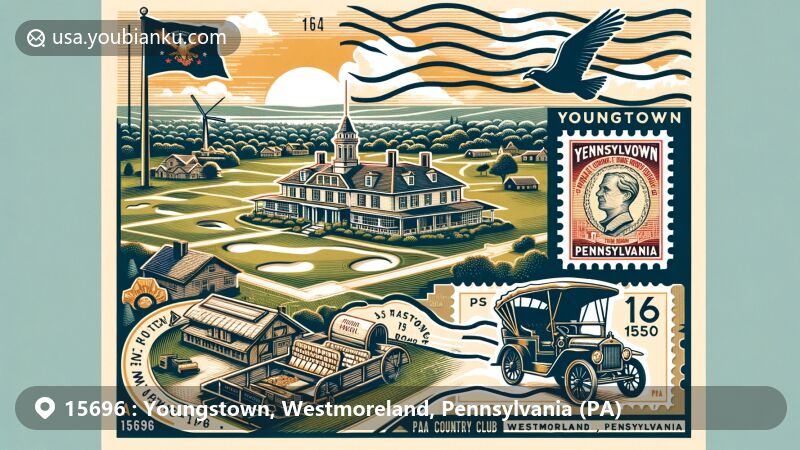 Modern illustration of Youngstown, Westmoreland, Pennsylvania, showcasing postal theme with ZIP code 15696, highlighting historical and geographical features, including Latrobe Country Club and Kingston House.