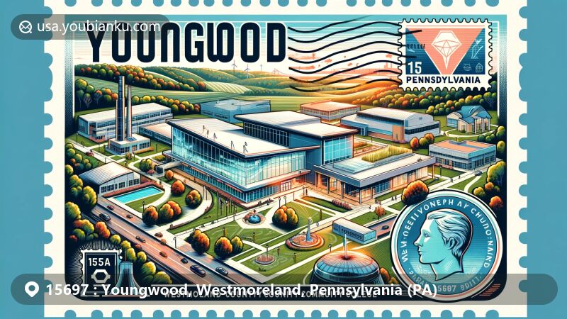 Modern illustration of Youngwood, Westmoreland County, Pennsylvania, featuring Westmoreland County Community College main campus with Student Achievement Center, Health and Culinary Center, and Science Innovation Center, vintage postal stamp with Pennsylvania state flag, and postal elements like ZIP code 15697, trees, and fields.