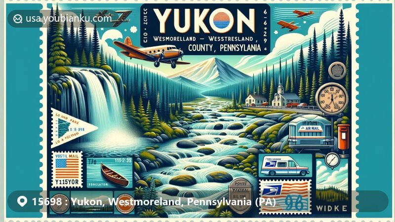 Modern illustration of Yukon, Westmoreland County, Pennsylvania, capturing natural beauty and postal heritage with landmarks like Fish Run Falls, Spruce Flats Bog, and Laurel Mountain State Park.