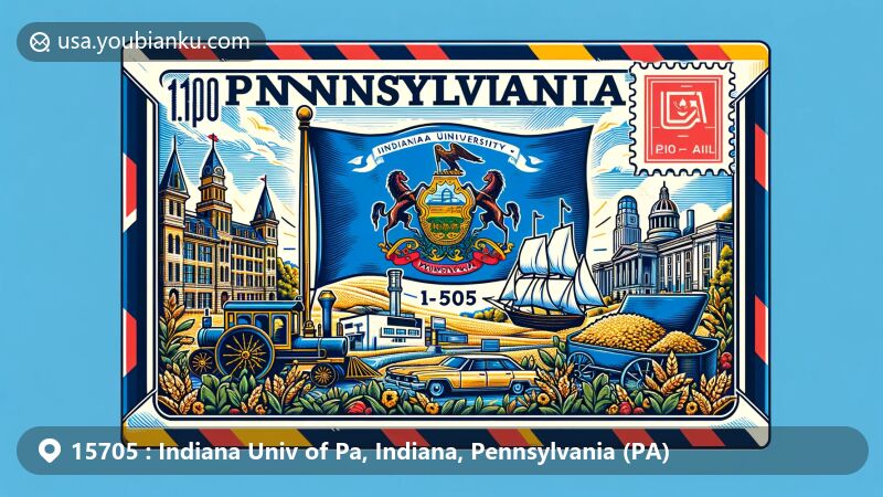 Modern illustration of Indiana University of Pennsylvania (IUP) in Indiana, Pennsylvania, showcasing state flag symbols with ship, plow, and sheaves of wheat, representing commerce, agriculture, and prosperity, set within a postal theme.