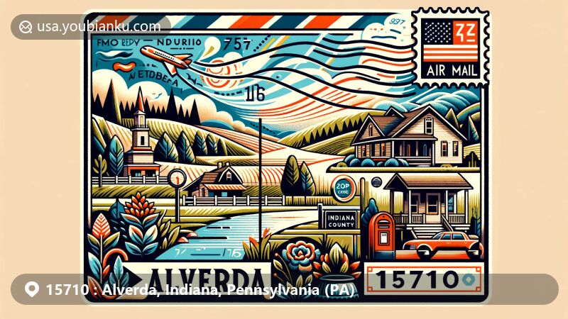 Modern illustration of Alverda, Indiana County, Pennsylvania, portraying postal theme with ZIP code 15710, featuring rural charm, rolling hills, forests, and town buildings, integrated with postal elements like stamps, postmarks, and potentially local post office architecture or traditional mailboxes. The artwork symbolizes the region's connection to its postal identity, reflecting the geographical and postal heritage of Alverda, Pennsylvania. The vibrant and captivating illustration style enhances the visual appeal of the webpage, highlighting the uniqueness of Alverda and its postal services. The backdrop subtly incorporates the outline of Pennsylvania to establish the location's identity.