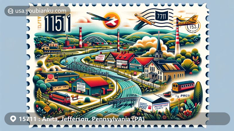Modern illustration of Anita, Jefferson County, Pennsylvania, weaving in mining history and local landmarks like James Casey Park and Johnstown Country Club, showcasing outdoor activities and community spirit, with postal elements including air mail envelope, '15711' ZIP code stamp, and Anita, PA postmark.