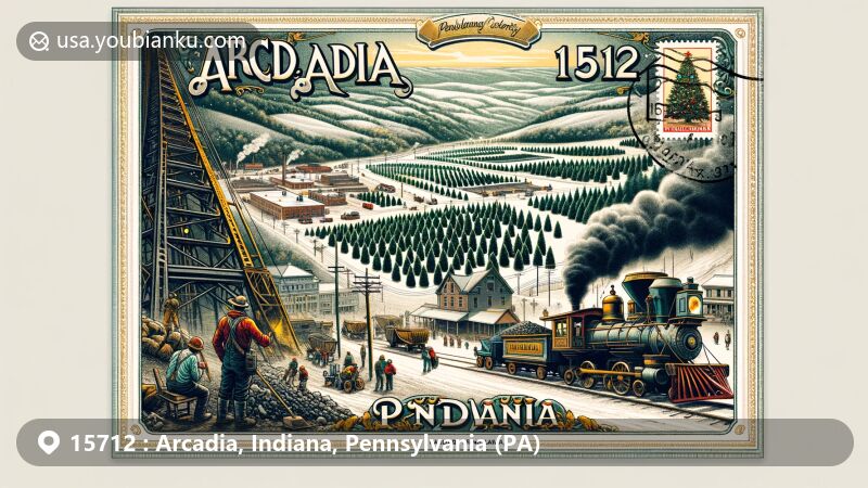 Modern illustration of Arcadia, Indiana County, Pennsylvania, featuring coal mining town scene, Christmas tree farms, Pennsylvania state symbol, ZIP code 15712, and decorative airmail envelope.