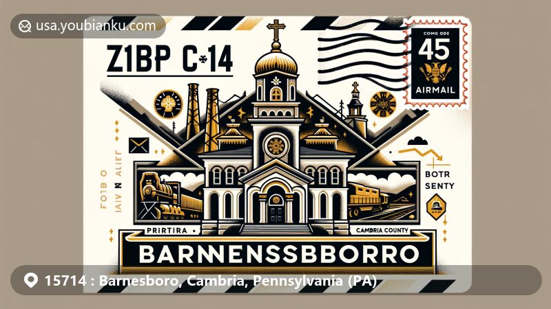 Modern illustration of Barnesboro, Northern Cambria, Pennsylvania, featuring Saint John the Baptist Byzantine Catholic Church, symbols of coal mining and lumber history, and black and gold elements representing local high school spirit.