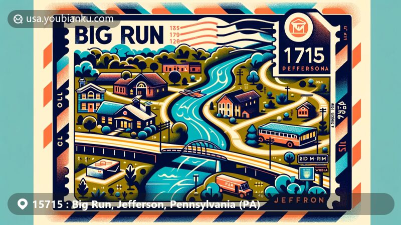 Modern illustration of Big Run, Jefferson, Pennsylvania, depicting natural beauty of Mahoning Creek, with postal elements like stamps, postmarks, ZIP Code 15715, and mail-related symbols, showcasing community spirit and geographical location.