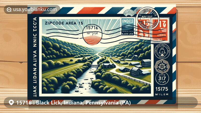 Modern illustration of Black Lick, Indiana County, Pennsylvania, featuring Ghost Town Trail, Black Lick Creek, and postal theme with ZIP code 15716.
