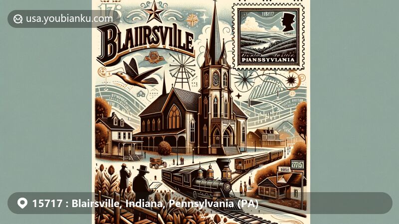 Modern illustration of Blairsville, Indiana, Pennsylvania, highlighting historic and postal themes with St. Peter's Episcopal Church silhouette, Underground Railroad symbols, and natural landscapes.