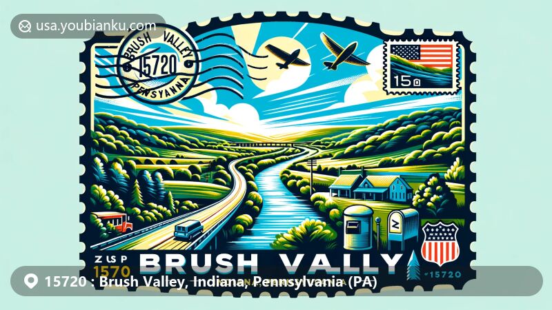 Modern illustration of Brush Valley, Indiana, Pennsylvania, showcasing postal theme with ZIP code 15720, featuring lush natural scenery and Pennsylvania state symbols.