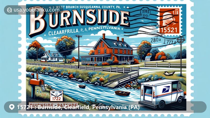 Modern illustration of Burnside, Clearfield County, Pennsylvania, featuring postal theme with ZIP code 15721, showcasing West Branch Susquehanna River and Irvin-Patchin House.