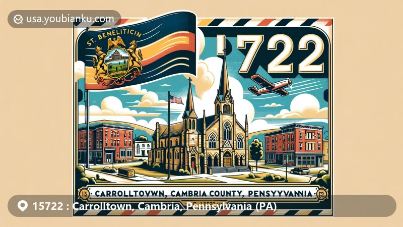 Modern illustration of Carrolltown, Cambria County, Pennsylvania, showcasing St. Benedict's Church and state symbols, styled as vintage postcard with airmail border, featuring ZIP code 15722.