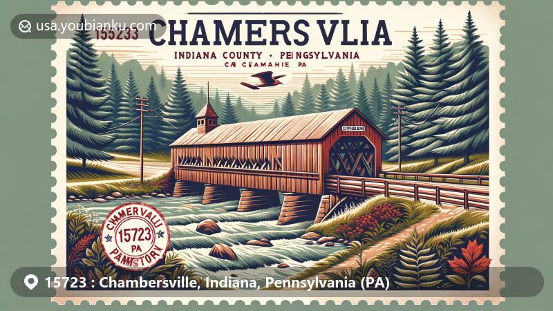 Modern illustration of Chambersville, Indiana County, Pennsylvania, featuring Trusal Covered Bridge and Allegheny Plateau forests, with vintage postcard and postal stamp elements, representing the area's heritage and natural beauty.