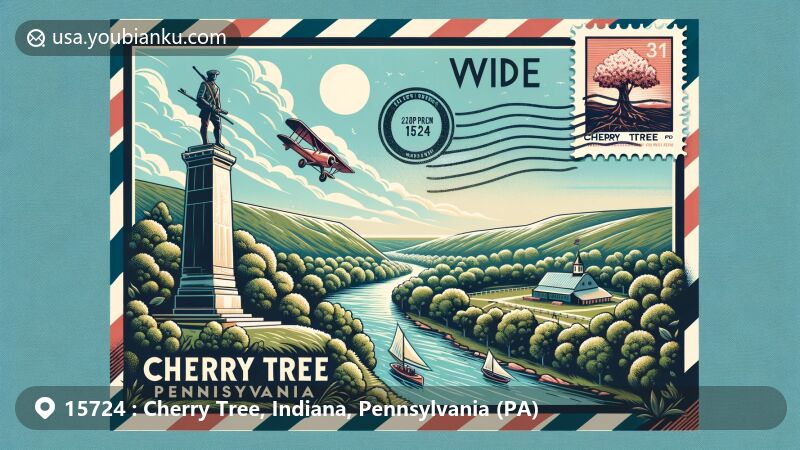 Modern illustration of Cherry Tree, Pennsylvania, highlighting Cherry Tree Monument and natural beauty, including West Branch of the Susquehanna River and lush forests. Postal theme features airmail envelope with ZIP Code 15724, postage stamp, and postmark.