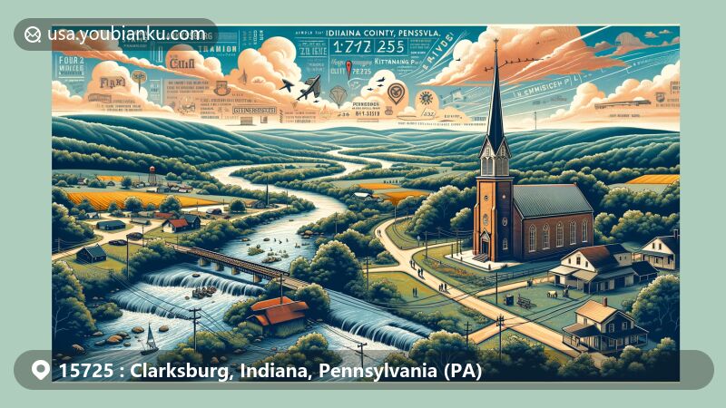 Modern illustration of Clarksburg, Indiana County, Pennsylvania, featuring Allegheny Plateau's rolling hills and dense forests, Clarksburg Presbyterian Church, Blacklegs Creek, early transportation symbols, family farms, vintage postcard edge with Pennsylvania state flag and ZIP code 15725.