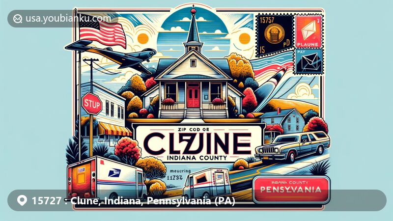 Modern illustration of Clune, Indiana County, Pennsylvania, depicting postal theme with ZIP code 15727, featuring postcard, airmail envelope, stamps, postmark with '15727 Clune, PA', and mail delivery truck, symbolically capturing the charm of Clune as an unincorporated community, hinting at rural nature, local flora or fauna, and the ambiance of Pittsburgh metro area, balanced with postal connections, using Pennsylvania symbols or colors in a subtle manner.