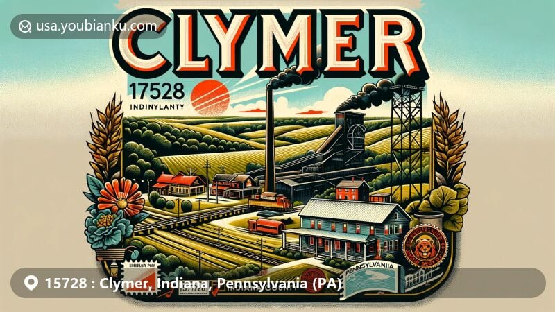 Modern illustration of Clymer, Indiana County, Pennsylvania, celebrating rural landscape with lush greenery and rolling hills, featuring coal mine and diverse cultural symbols, reminiscent of vintage postcard design.