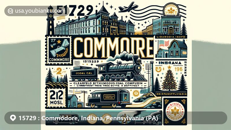 Modern illustration of Commodore, Indiana, Pennsylvania with ZIP code 15729, blending historic coal mining community essence, concrete block houses, streets named after executives, national historic district status, and Indiana, Pennsylvania elements as Christmas Tree Capital with tree farms and university, in a wide-format postal theme featuring airmail envelope, stamps, postmark, and postal vehicles in signature Commodore and Indiana backgrounds.