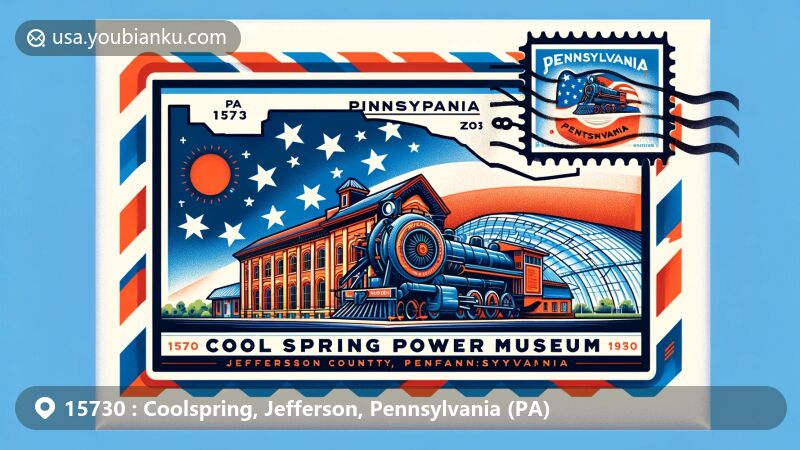 现代插画风格的15730邮编插图，强调Coolspring地区的Coolspring Power Museum，融合宾夕法尼亚州旗和杰斐逊县轮廓，展现独特地域特色，含邮政元素如邮票、邮戳，色彩鲜明引人注目。