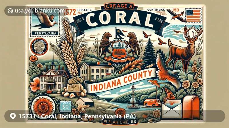 Modern illustration of Coral, Indiana County, Pennsylvania, blending regional features with postal theme, showcasing state symbols like coat of arms, Ruffed Grouse, White-tailed Deer, Eastern Hemlock, Mountain Laurel, and Brook Trout, complemented by vintage air mail elements.