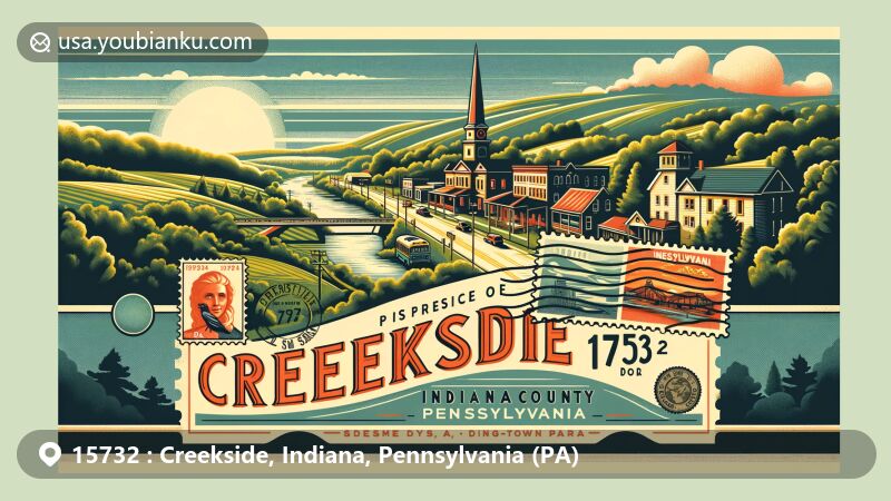 Modern illustration of Creekside, Indiana County, Pennsylvania, featuring picturesque view, lush landscapes, and postal theme with ZIP code 15732, showcasing local landmarks and cultural symbols.