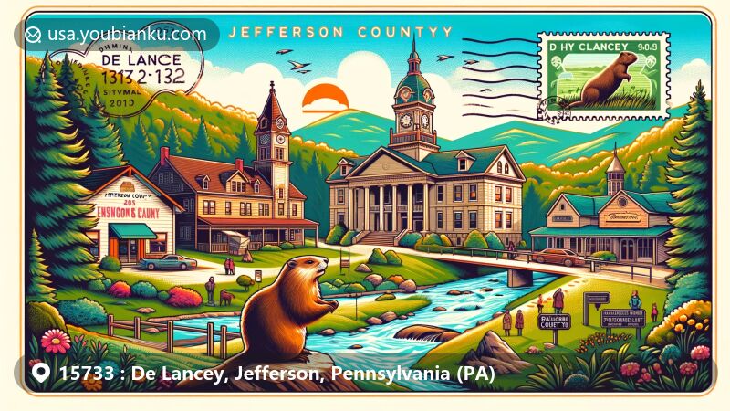 Modern illustration of De Lancey, Jefferson County, Pennsylvania, featuring Clear Creek State Park's natural beauty, Brookville Historic District's landmarks including Jefferson County Courthouse, Brookville Y.M.C.A., Columbia Theater, and Punxsutawney Phil, with postal elements like stamps, postmark, and ZIP Code 15733.
