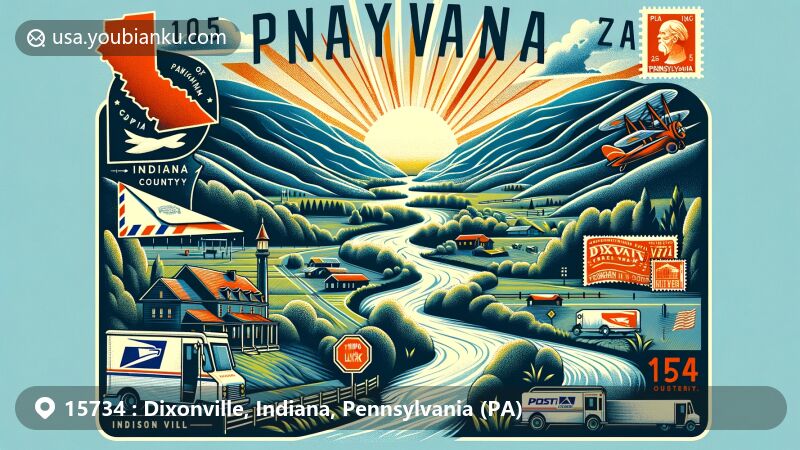 现代插画，呈现宾夕法尼亚州宾夕法尼亚县Dixonville的邮政主题，展示自然美景和地标特征，包括Dixon Run河谷、Two Lick Creek，标志性的邮政元素和ZIP码15734。