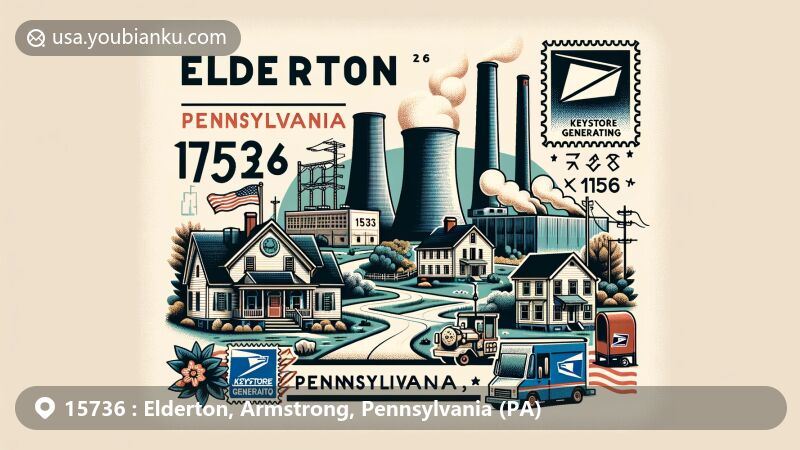 Modern illustration of Elderton, Pennsylvania, highlighting small-town charm and energy production significance with Keystone Generating Station. Features Pennsylvania state symbols, creative postcard layout, and postal elements showcasing ZIP Code 15736.