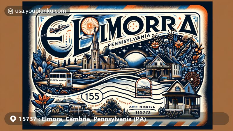 Modern illustration of Elmora, Cambria County, Pennsylvania, featuring postal theme with ZIP code 15737, capturing the charm of small-town life and importance of traditional postal communication.