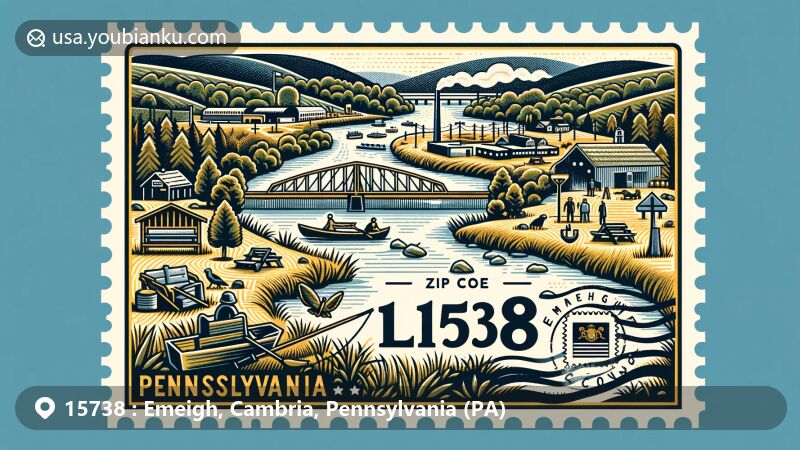 Modern illustration of Emeigh, Cambria County, Pennsylvania, highlighting rural lifestyle, outdoor activities, and cultural elements such as a historic coal-mining museum, with subtle integration of Pennsylvania's state flag and natural beauty elements.