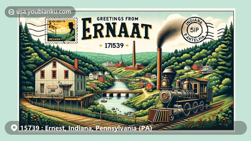 Modern illustration of Ernest, Indiana County, Pennsylvania, capturing the historic coal town charm and lush forest landscapes of the Allegheny Plateau, featuring vintage postcard design with 'Greetings from Ernest, Indiana, PA 15739' text and postal elements.