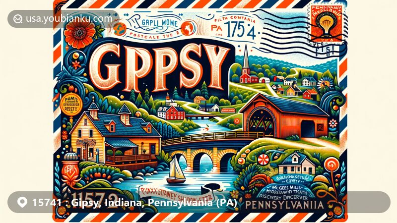 Modern illustration of Gipsy area in Indiana County, Pennsylvania, highlighting postal theme with ZIP code 15741, featuring iconic landmarks like McGees Mills Covered Bridge, Punxsutawney Weather Discovery Center, and Mahoning Shadow Trail, along with Pennsylvania state symbols.