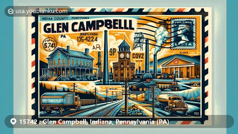 Modern illustration of Glen Campbell, Indiana County, Pennsylvania, capturing the town's rich heritage with coal mining, lumber mills, Sen. Joseph O. Clark House, and postal elements like stamps and postmark.