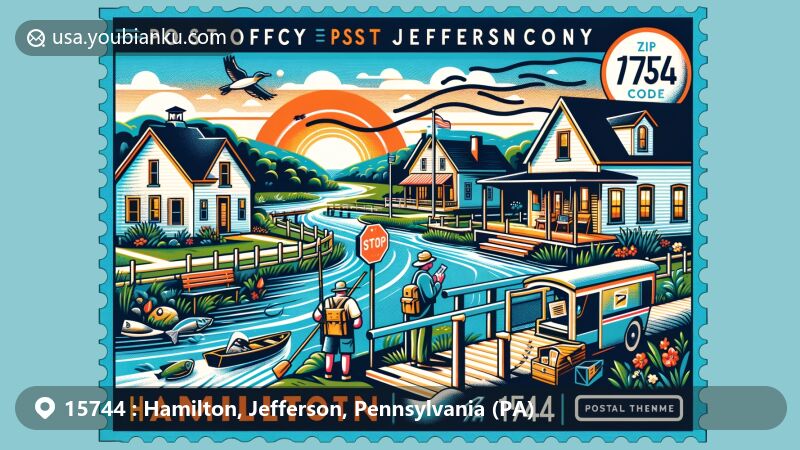 Modern illustration of Hamilton, Jefferson County, Pennsylvania, showcasing postal theme with ZIP code 15744, featuring outdoor activities like fishing and hiking, historic post office, and natural landscapes.