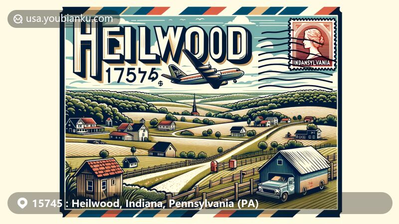 Modern illustration of Heilwood, Indiana County, Pennsylvania, showcasing postal theme with ZIP code 15745, featuring a vintage postcard border, airmail envelope, Pennsylvania state flag stamp, 'Heilwood, PA 15745' postmark, and classic postal icons.