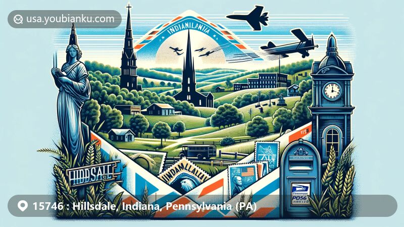 Modern illustration of Hillsdale, Pennsylvania, featuring natural landscapes and postal elements, with historical symbols from Indiana, Pennsylvania, and a creative airmail design embodying ZIP code 15746, showcasing the area's rich history and postal heritage.