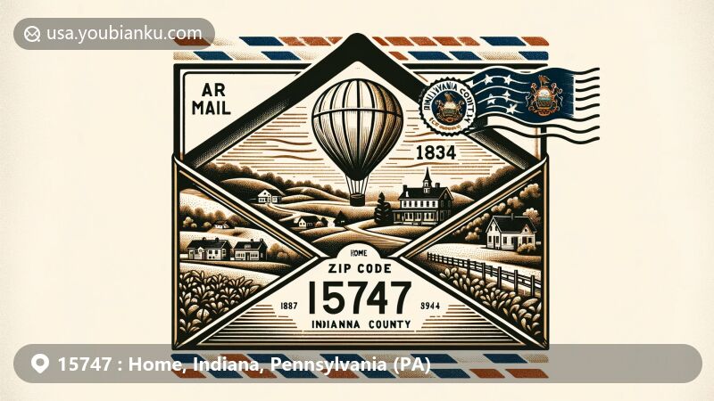 Modern illustration of Home, Indiana County, Pennsylvania, featuring vintage air mail envelope with Indiana County outline, Pennsylvania state flag, and rural village scene, incorporating postal theme with ZIP code 15747 and historical reference to 1834.