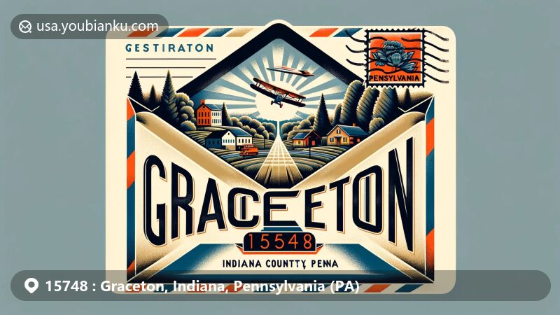 Modern illustration of Graceton, Indiana County, Pennsylvania, featuring vintage airmail envelope with ZIP code 15748, showcasing local landmarks and Pennsylvania state symbols.