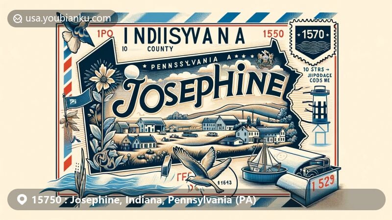 Modern illustration of Josephine, Indiana County, Pennsylvania, with postal theme incorporating ZIP code 15750, showcasing state flag, county outline, and local landmarks in a postcard format.