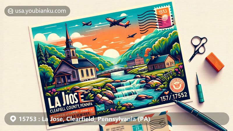 Modern illustration of La Jose, Clearfield County, Pennsylvania (PA), featuring elements like Parker Dam State Park, Saint Severin Old Log Church, Clearfield County Courthouse, and postal elements referencing ZIP code 15753.