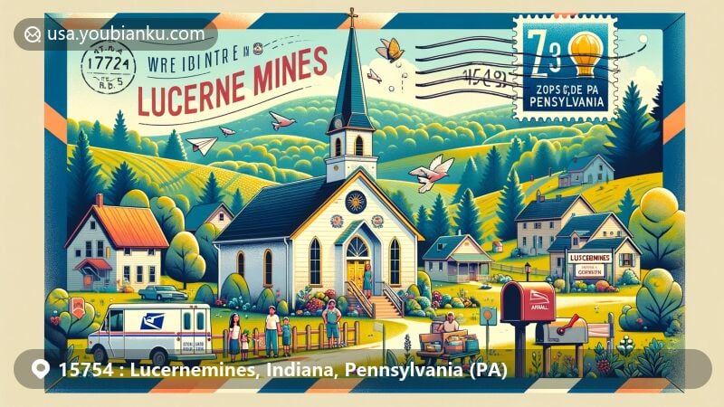 Modern illustration of Lucernemines, Pennsylvania, showcasing Our Lady of the Assumption Church as a symbol of local culture and featuring postal theme with ZIP code 15754, capturing the vibrant community atmosphere and the importance of postal services.