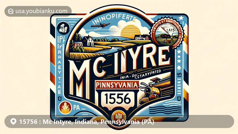 Modern illustration of Mc Intyre, Indiana County, Pennsylvania, celebrating postal theme with ZIP code 15756, featuring vintage air mail envelope design and Pennsylvania state flag style on stamp.
