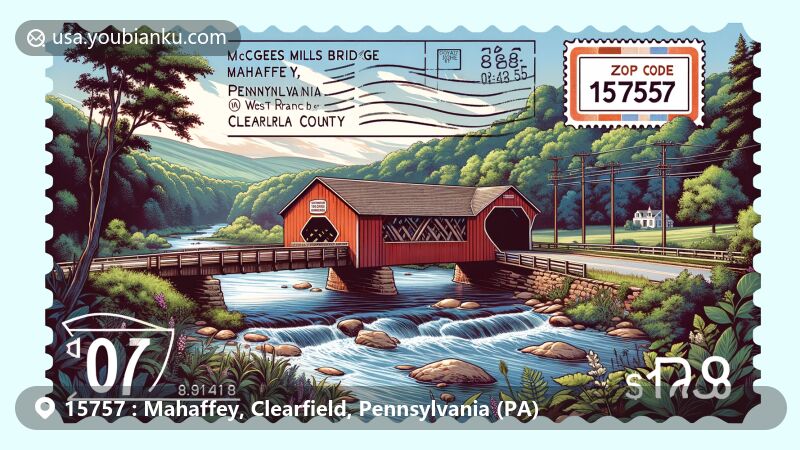 Modern illustration of McGees Mills Covered Bridge near Mahaffey, Pennsylvania, showcasing historic bridge over West Branch of Susquehanna River, surrounded by lush greenery, featuring '15757' ZIP code and vintage postal elements.