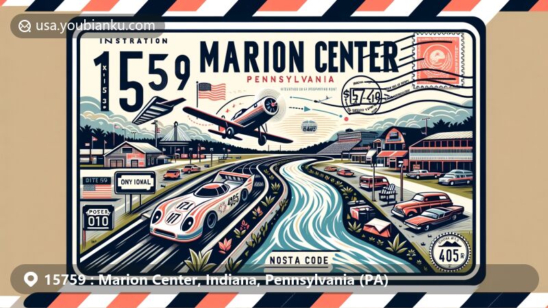 Modern illustration of Marion Center, Pennsylvania, highlighting postal theme with ZIP code 15759, showcasing Marion Center Speedway and Pennsylvania Route 403, along with a flowing stream symbolizing the town's natural beauty.
