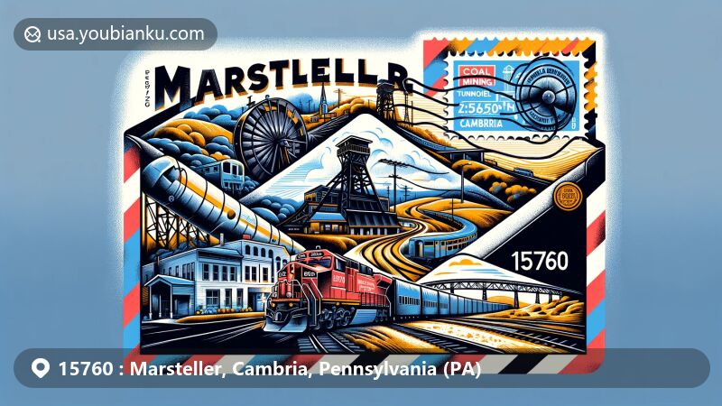Modern illustration featuring airmail envelope with ZIP code 15760, showcasing Marsteller's coal mining heritage, Staple Bend Tunnel, and railway history of Cambria County, Pennsylvania.