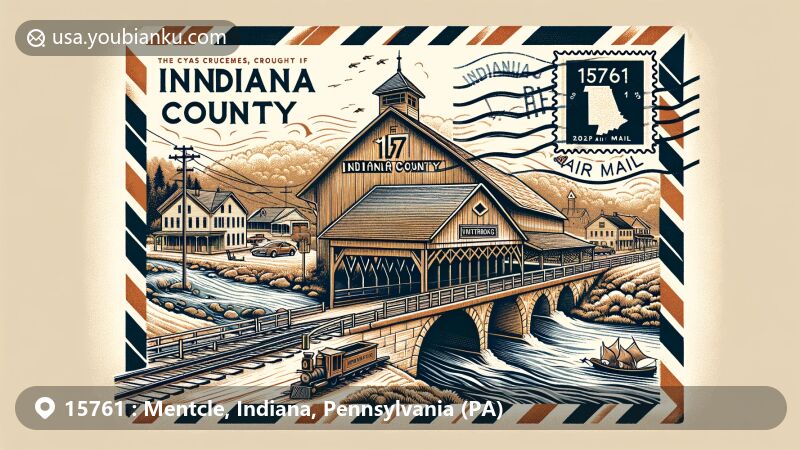 Vintage illustration of Mentcle, Indiana County, Pennsylvania, highlighting postal theme with ZIP code 15761, featuring Kintersburg Covered Bridge, Indiana Armory, and 1912 Municipal Building, symbols of historical importance.