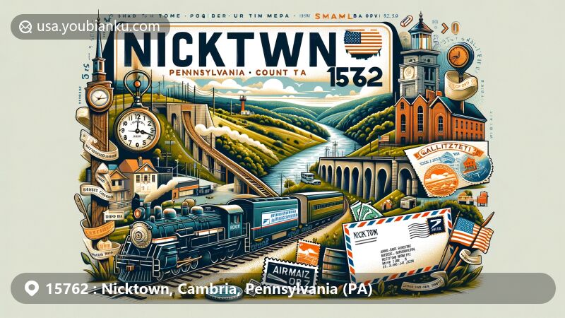 Modern illustration of Nicktown, Cambria County, Pennsylvania featuring postal theme with ZIP code 15762, showcasing Staple Bend Tunnel and Gallitzin Tunnels symbolizing rich railway history.