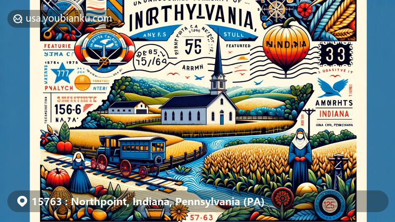 现代插画风格的宾夕法尼亚州印第安纳县Northpoint地区插图，展示自然景观和乡村特色，融合阿米什文化、六角星装饰和民间艺术传统，包含邮政元素和ZIP码15763。设计简洁生动，快捷传达地区本质和邮政主题。