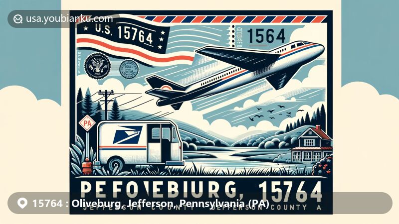 Modern illustration of Oliveburg, Jefferson County, Pennsylvania, featuring airmail envelope with stamps and postmark, cleverly incorporating '15764' ZIP Code and 'Oliveburg, PA' name, along with subtle hints of Jefferson County map silhouette. Background reflects Pennsylvania's natural landscapes.